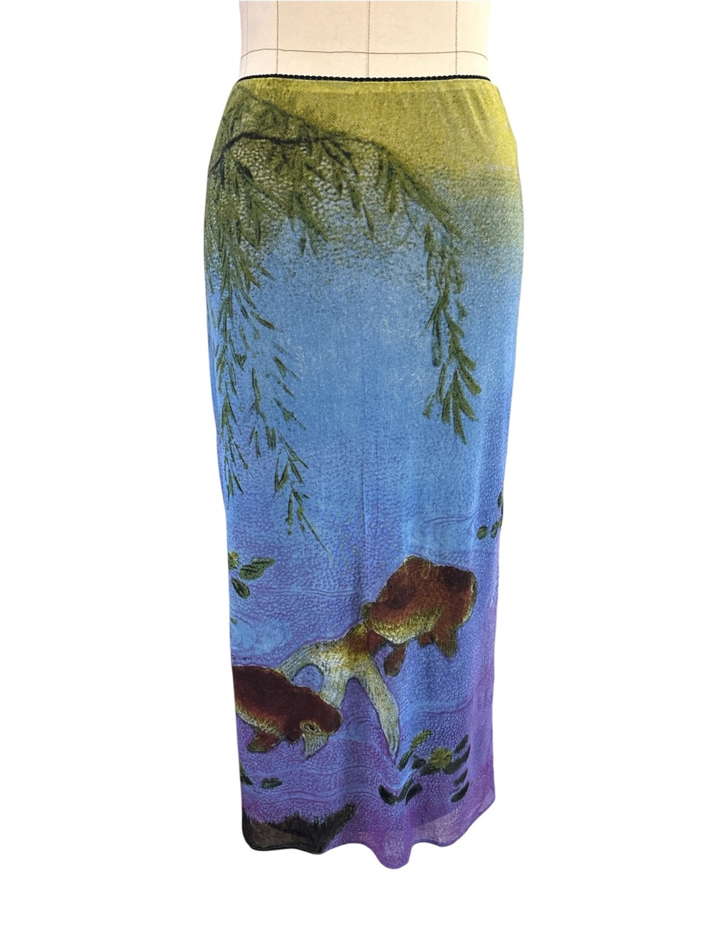 90’d Vivienne Tam mesh goldfish print maxi skirt blue/purple